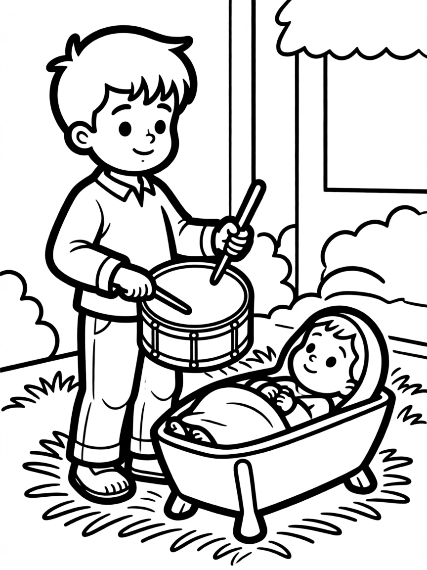 A little drummer boy playing his drum next to the baby Jesus.  