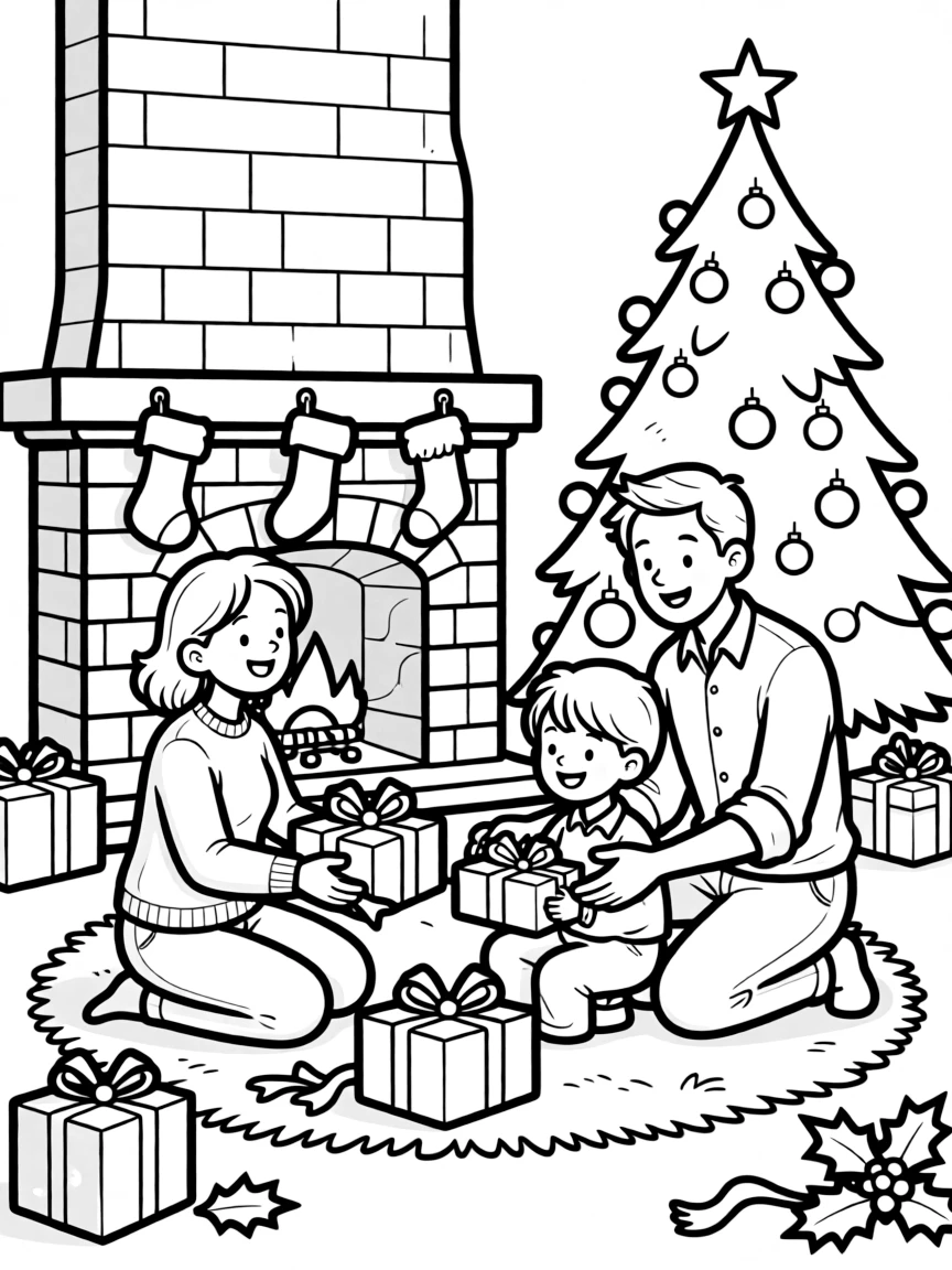 A family gathered around a fireplace, opening presents on Christmas morning.  