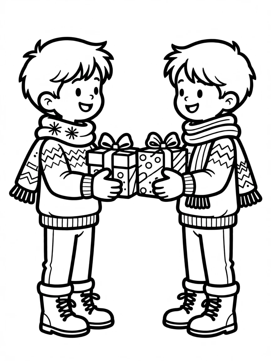 Friends exchanging Christmas gifts, wrapped in festive paper and bows.  