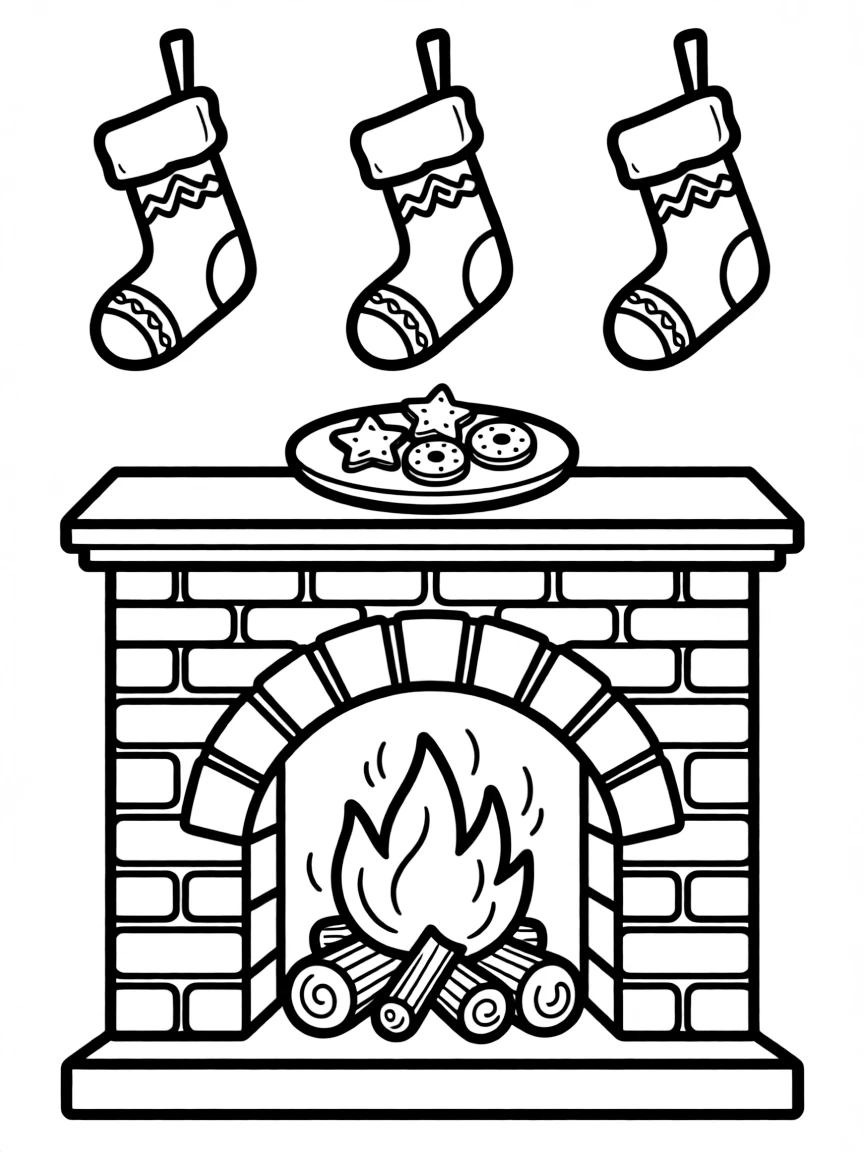 A fireplace with stockings hanging and a plate of cookies for Santa.  