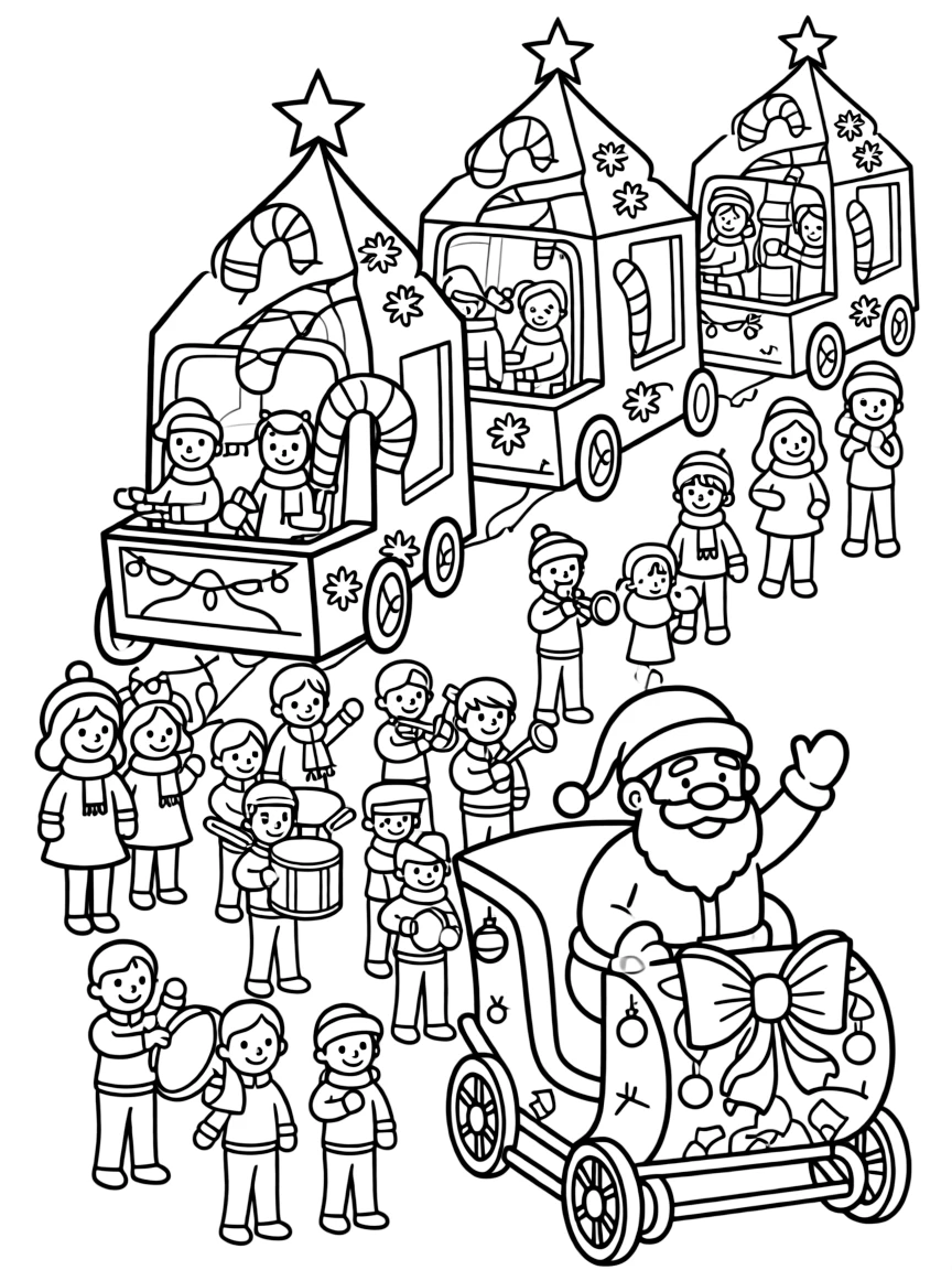 A Christmas parade with floats, marching bands, and Santa waving.  