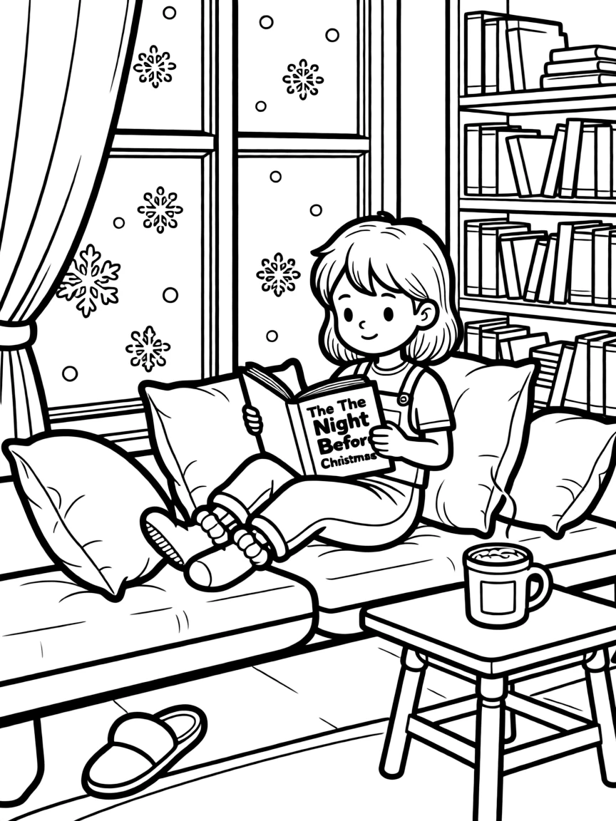 A cozy reading nook with a child reading “The Night Before Christmas.”  