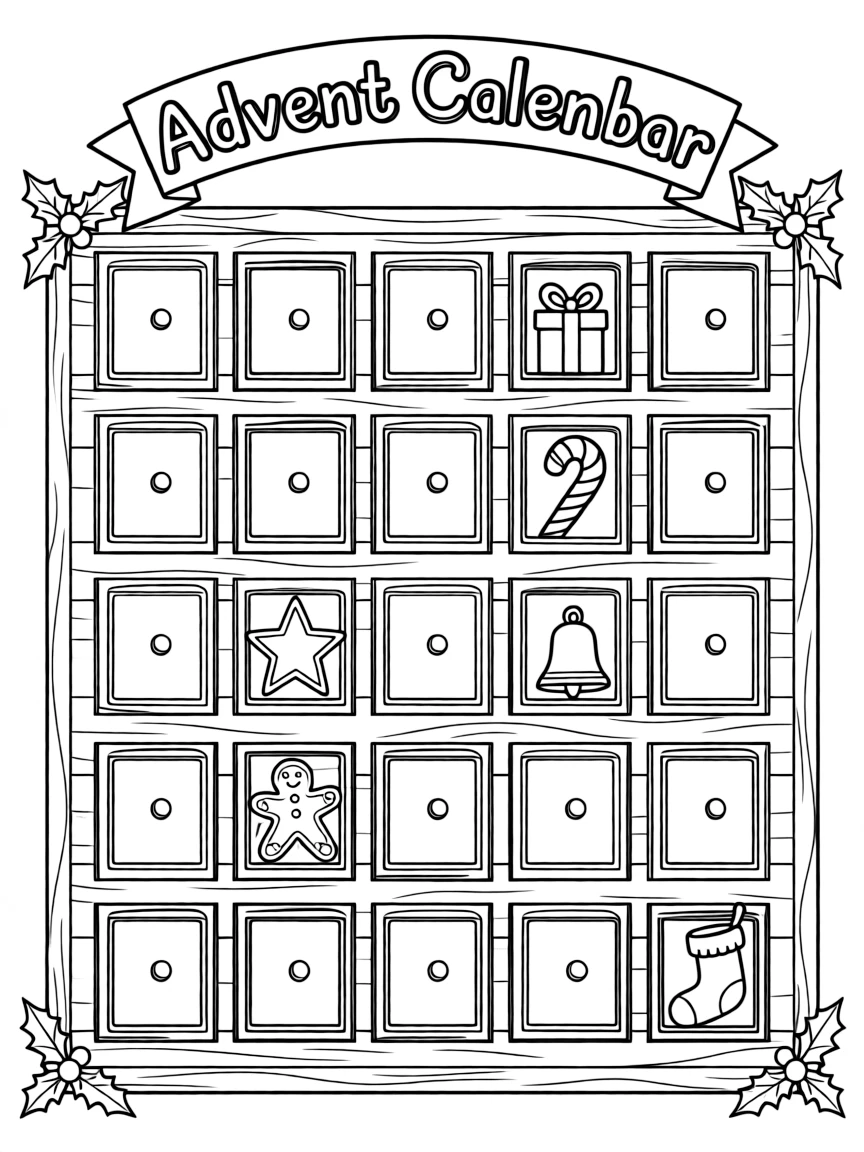 A Christmas advent calendar with small doors revealing holiday surprises.  
