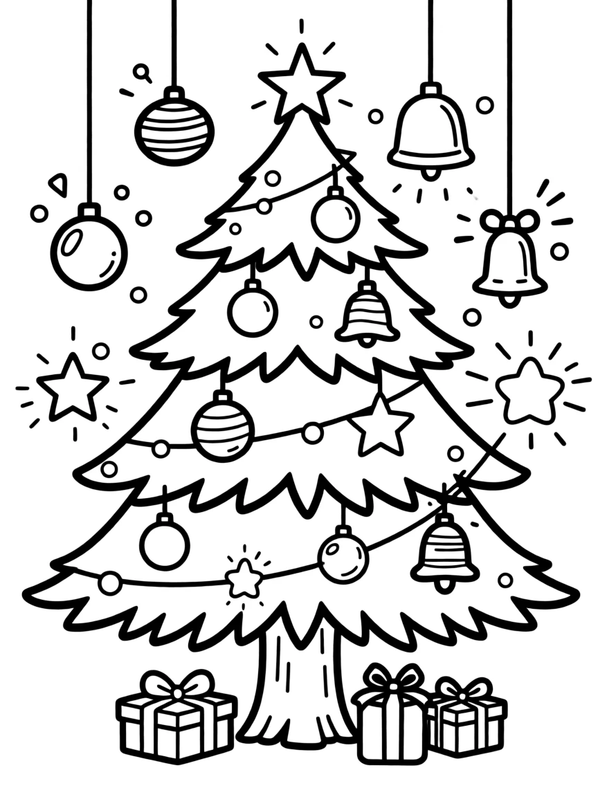 A Christmas tree decorated with floating, glowing ornaments.  