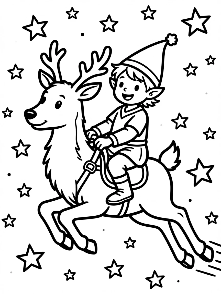 A tiny elf riding a reindeer through the starry sky.  
