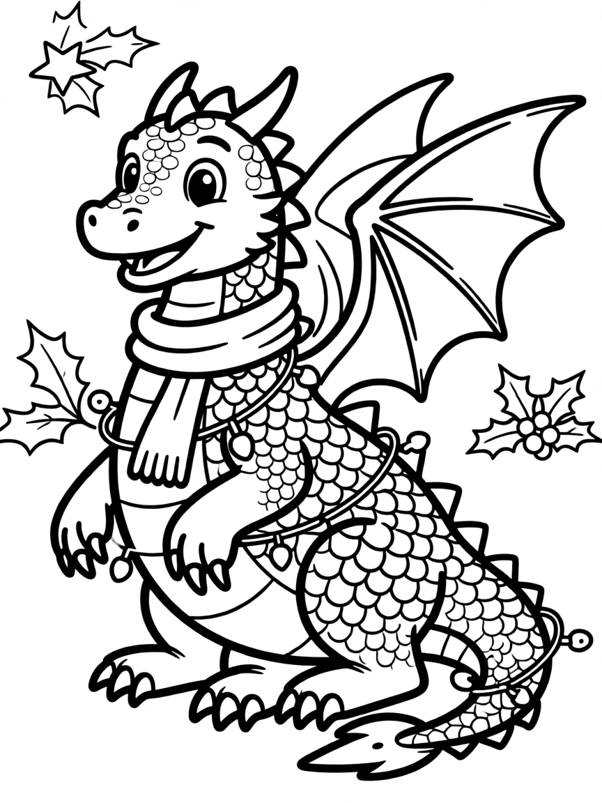A Christmas dragon wrapped in tinsel and lights.  