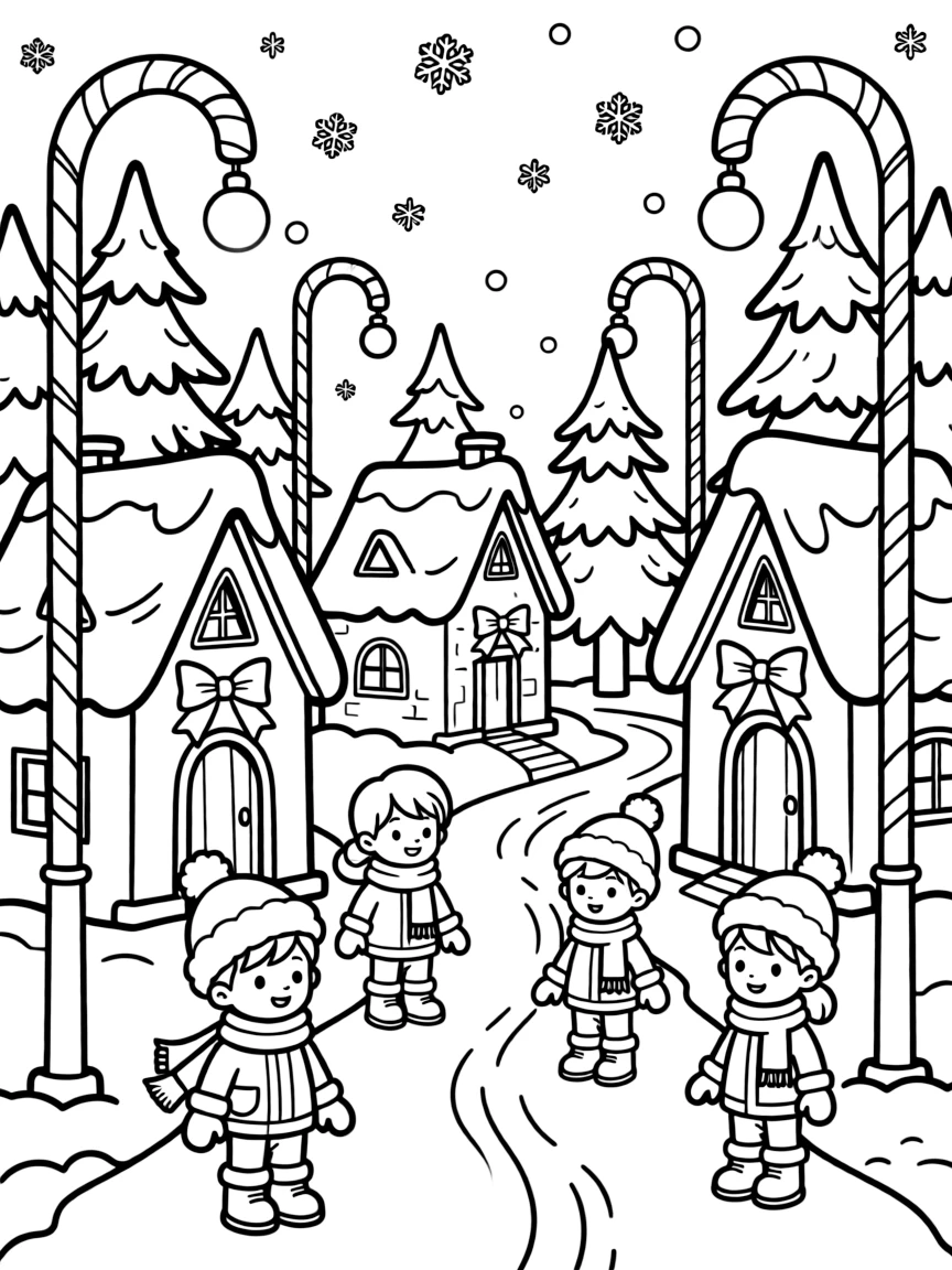 A magical North Pole village with candy cane streetlights.  