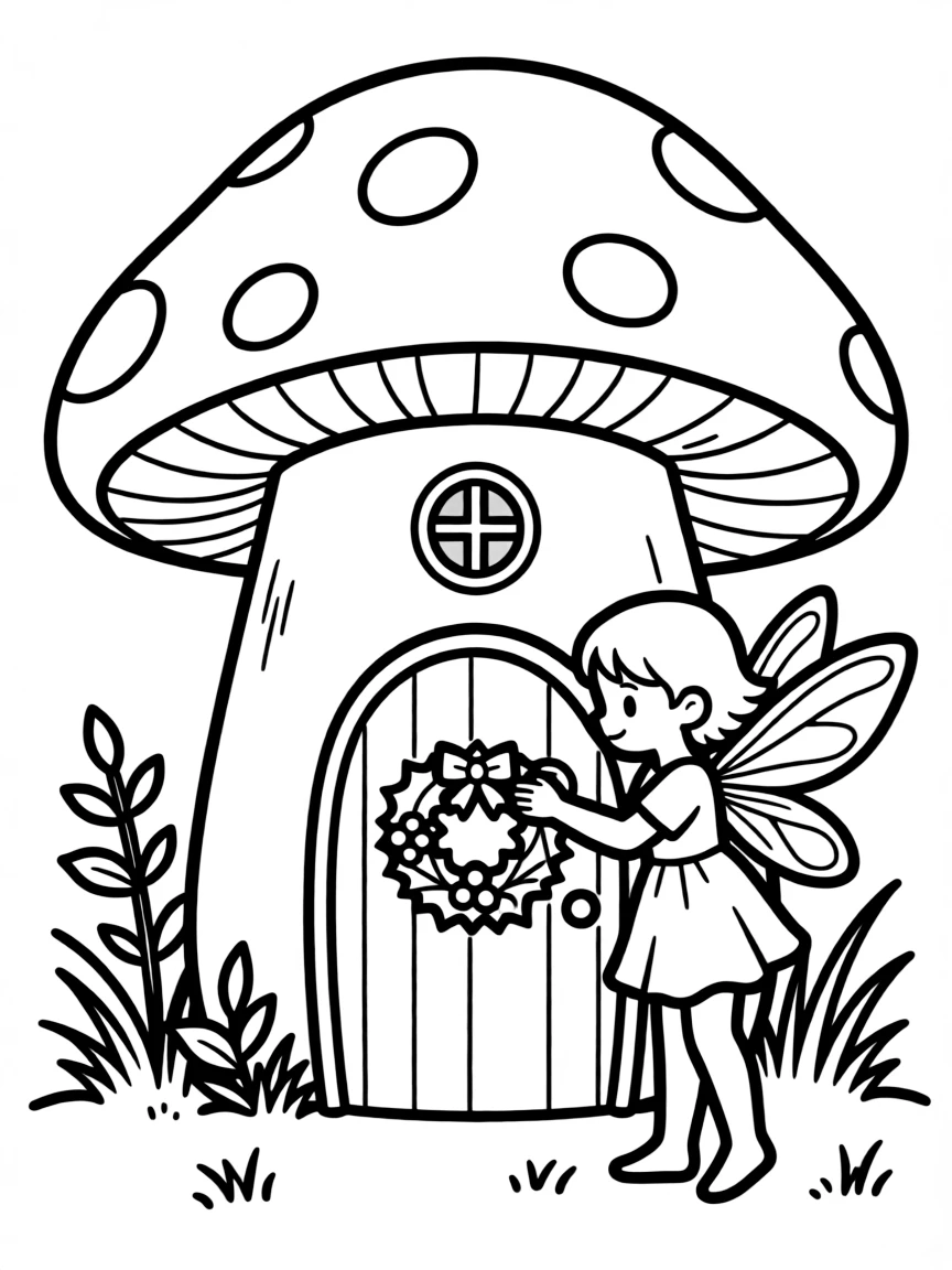 A fairy placing a tiny Christmas wreath on a mushroom house.  