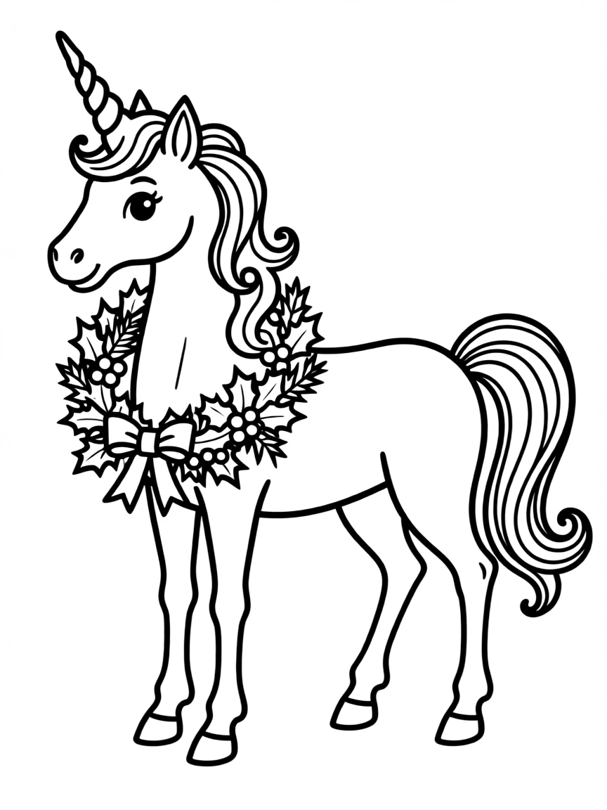 A unicorn with a Christmas wreath around its neck.  