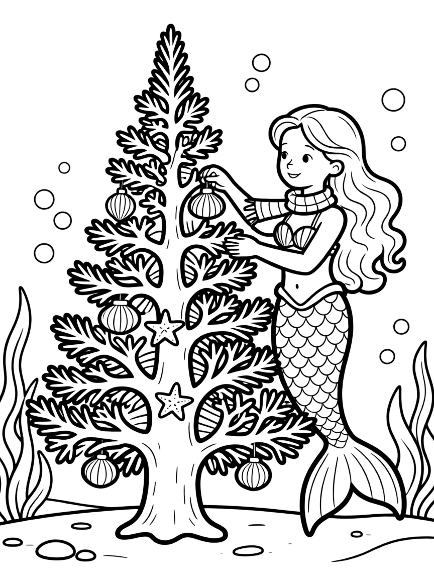 A Christmas mermaid decorating an underwater tree made of coral.  
