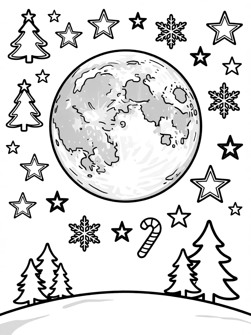 A Christmas night sky with a full moon and twinkling stars forming festive shapes.  