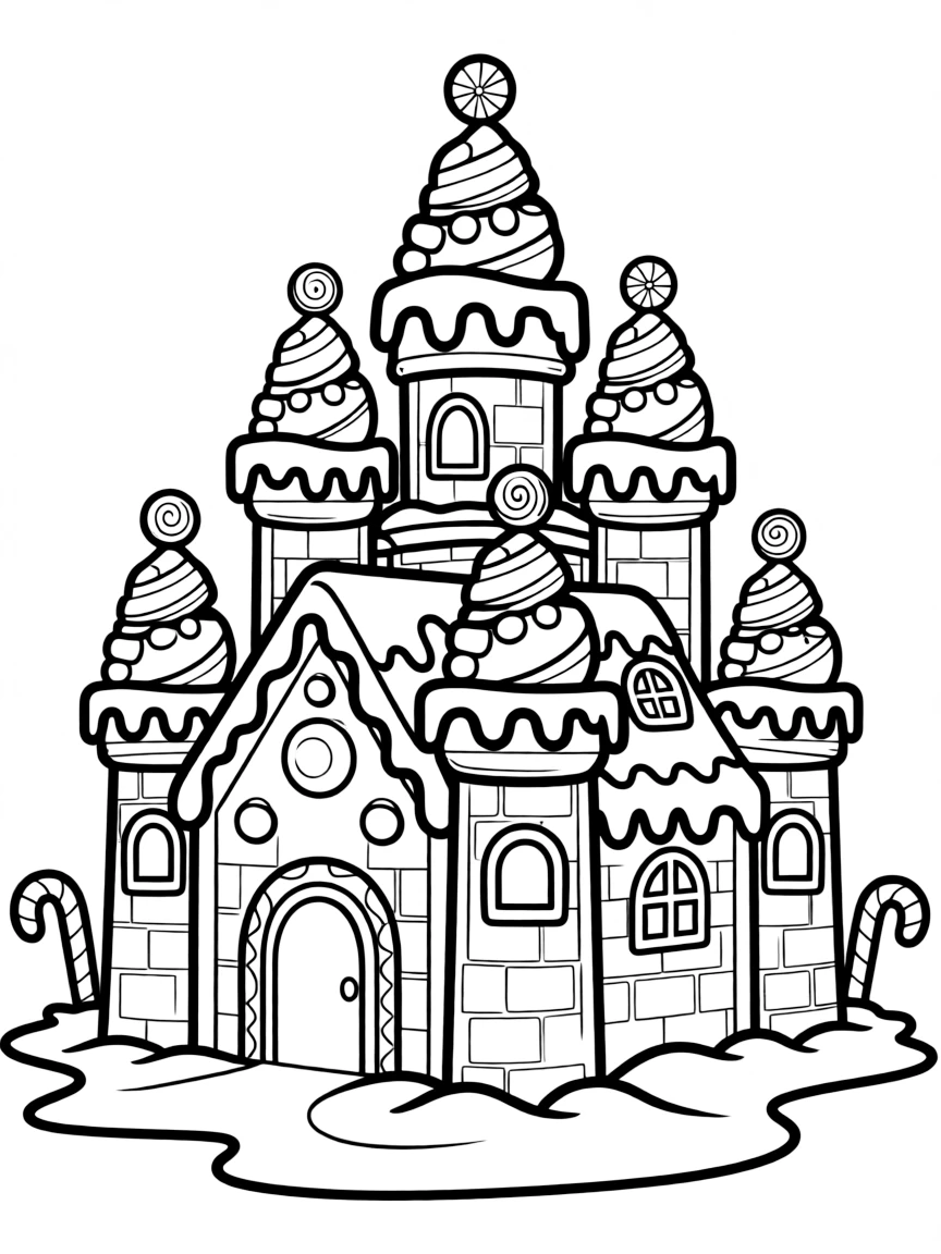 A gingerbread castle with candy turrets and icing snow.  