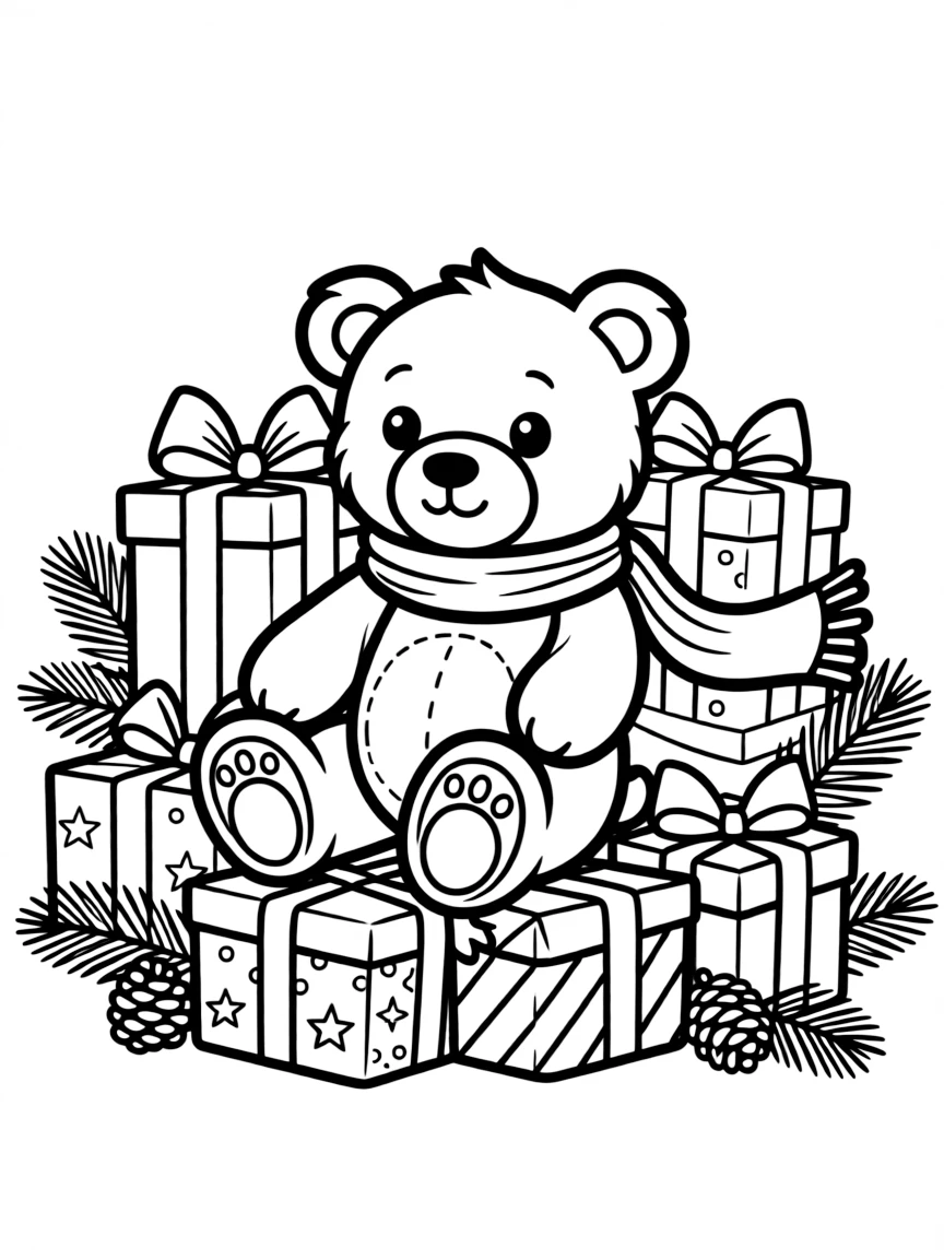 A teddy bear sitting in a pile of Christmas presents.  