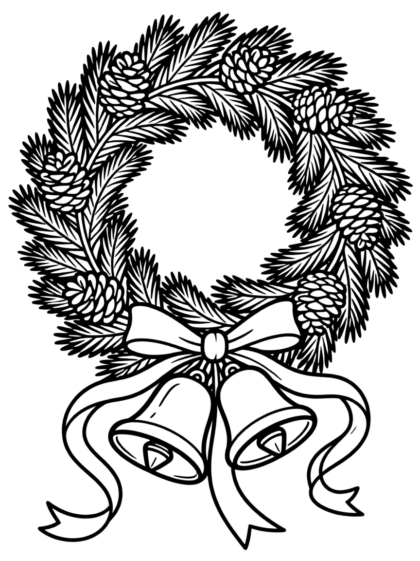 A Christmas wreath with ribbons, pinecones, and bells.  