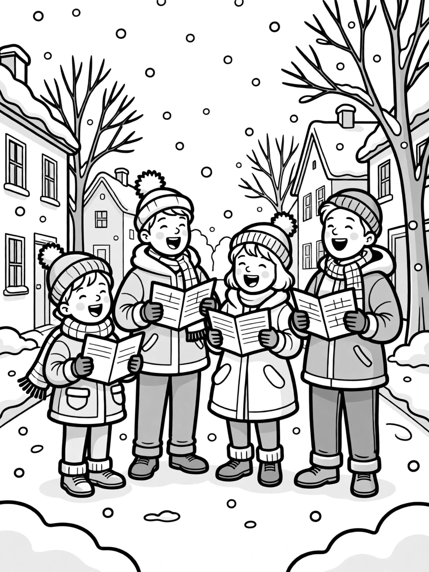 A group of carolers singing on a snowy street.  