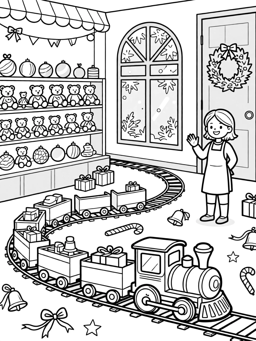 A Christmas toy shop with a train set running through it.  