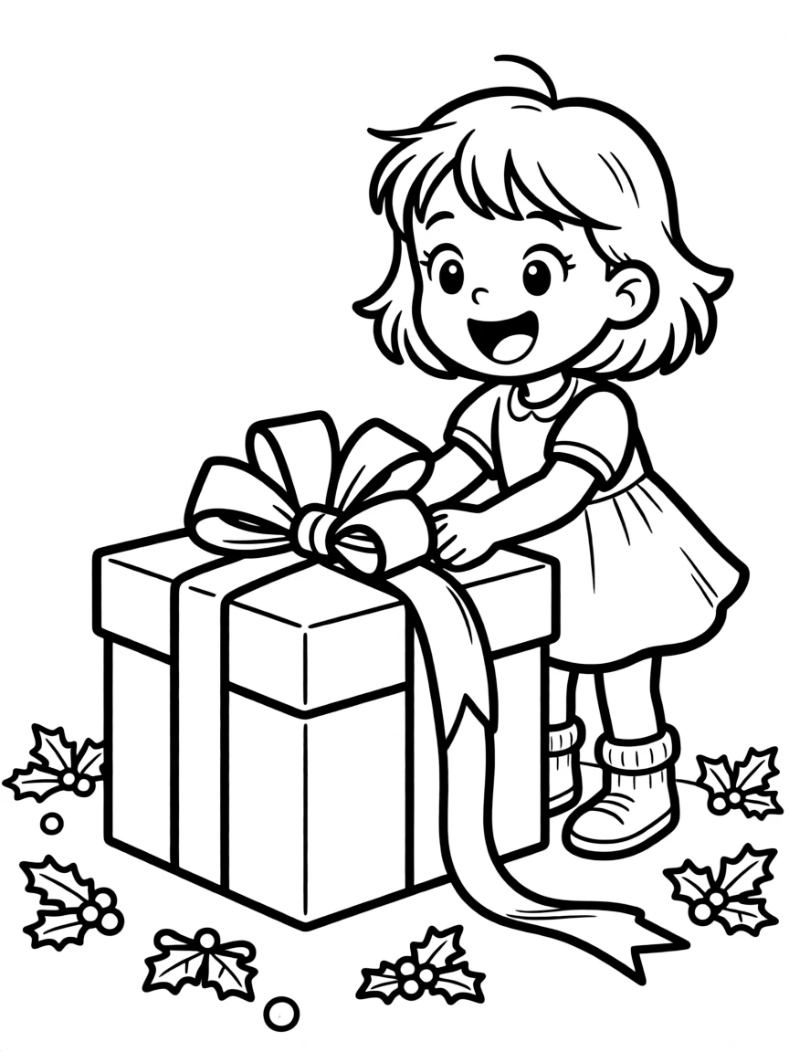 A little girl unwrapping a giant Christmas present with excitement.  
