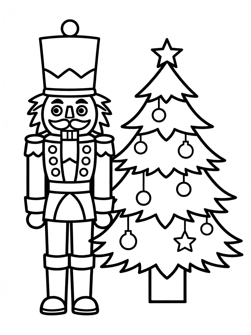 A nutcracker soldier standing guard next to a Christmas tree.  