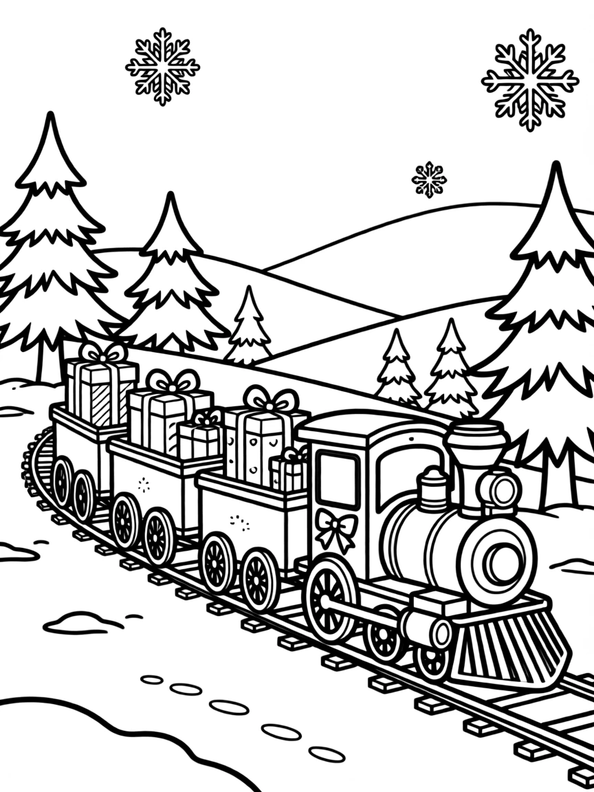 A festive holiday train carrying gifts through a winter landscape.  