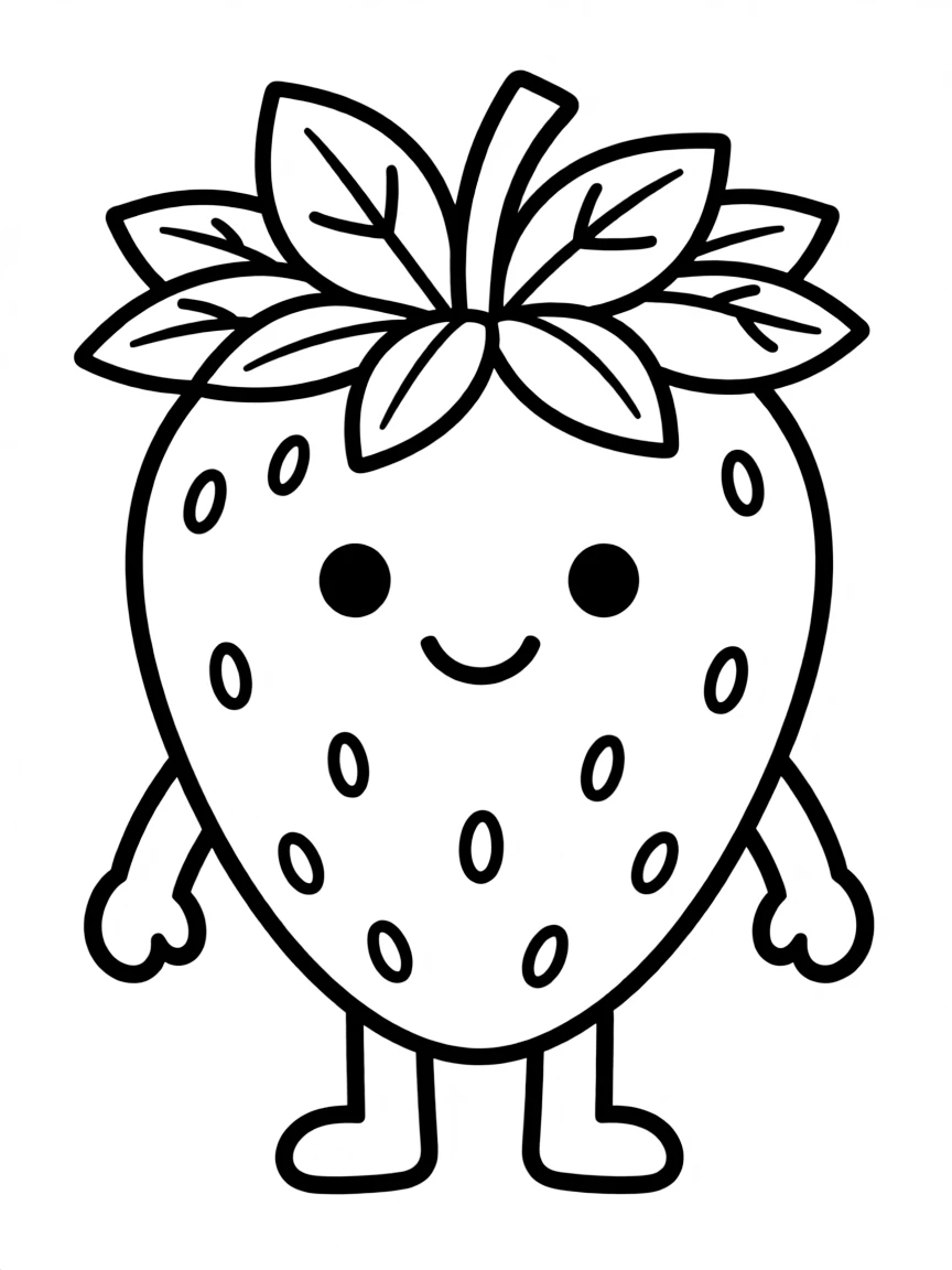 Smiling strawberry with tiny arms and legs wearing a leafy crown