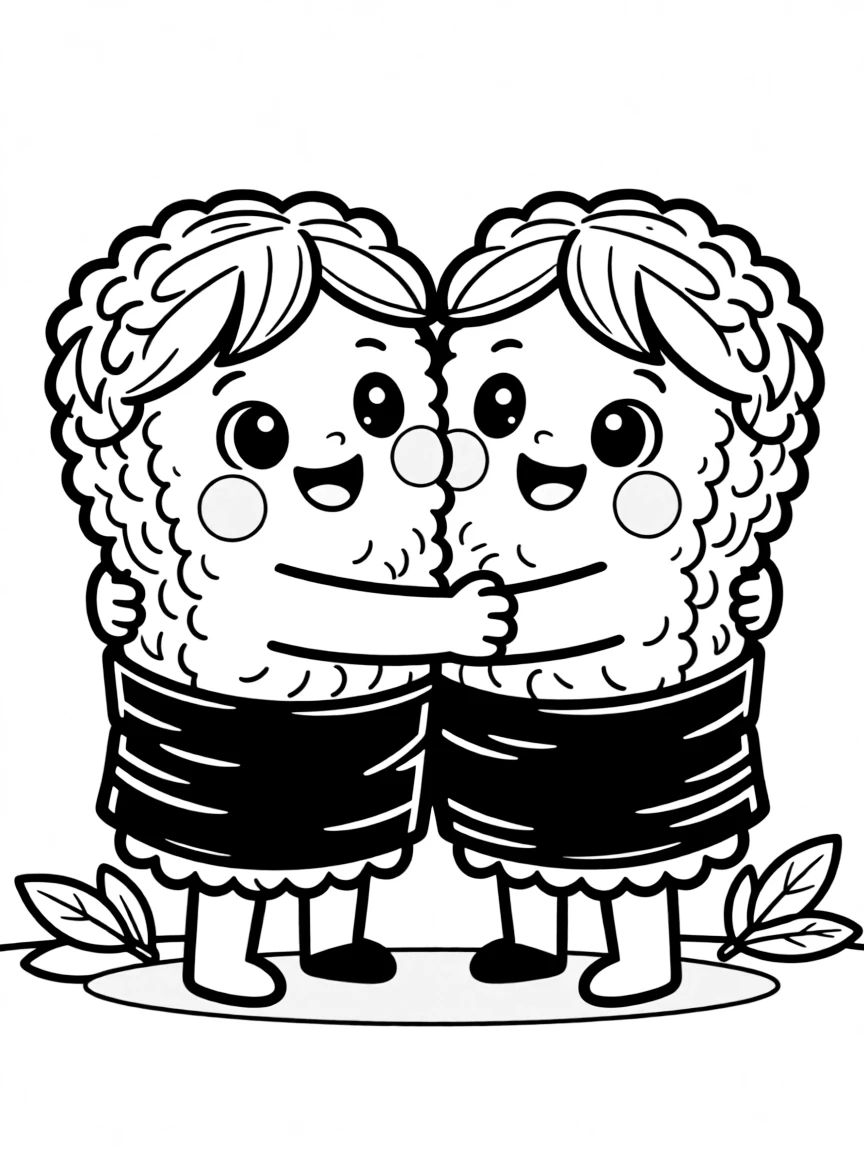 Happy sushi rolls hugging each other with blushy cheeks
