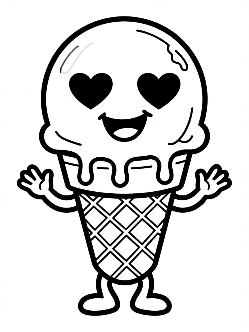 Adorable ice cream cone with a dripping face and heart-shaped eyes