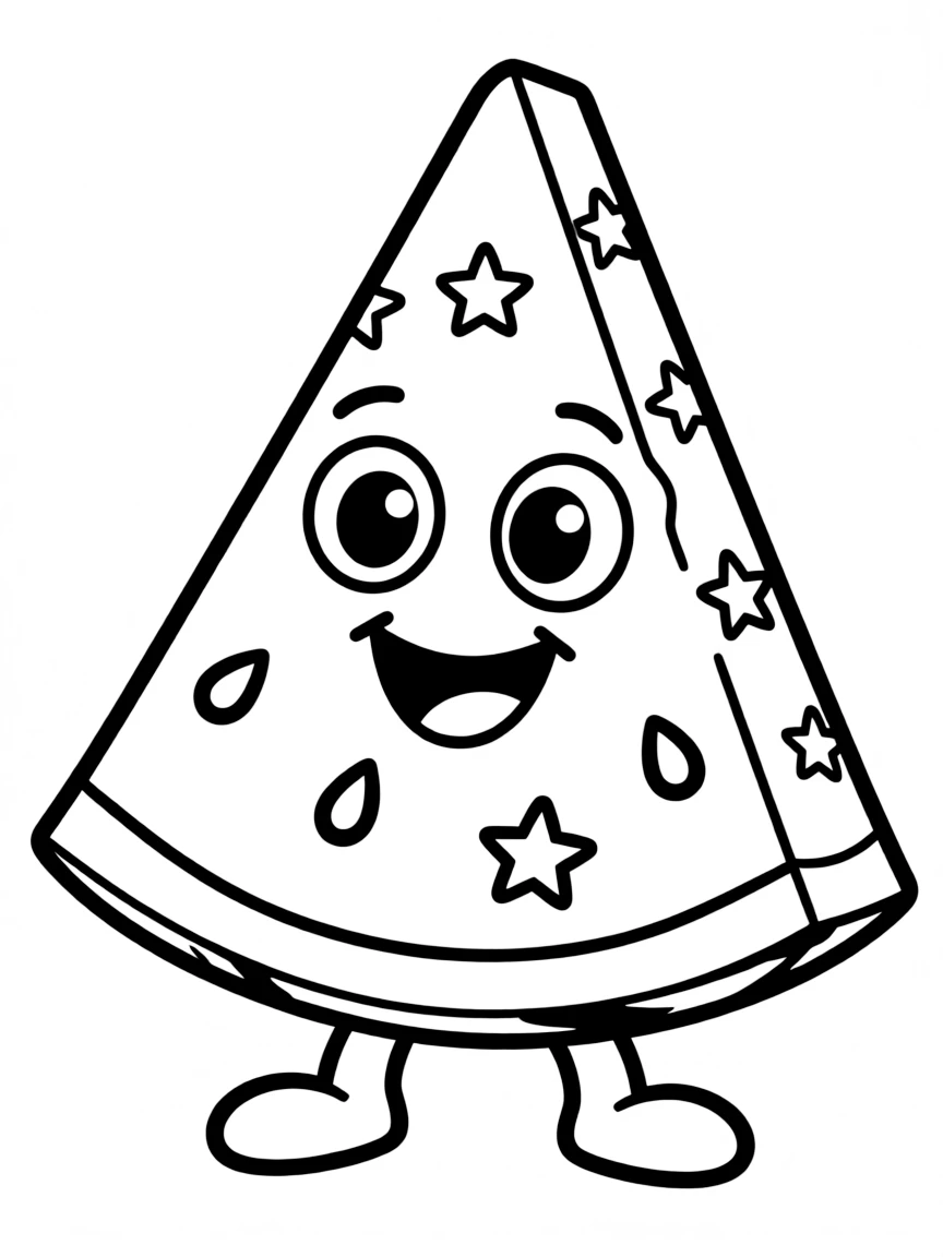 Cheerful watermelon slice with star-shaped seeds and tiny feet