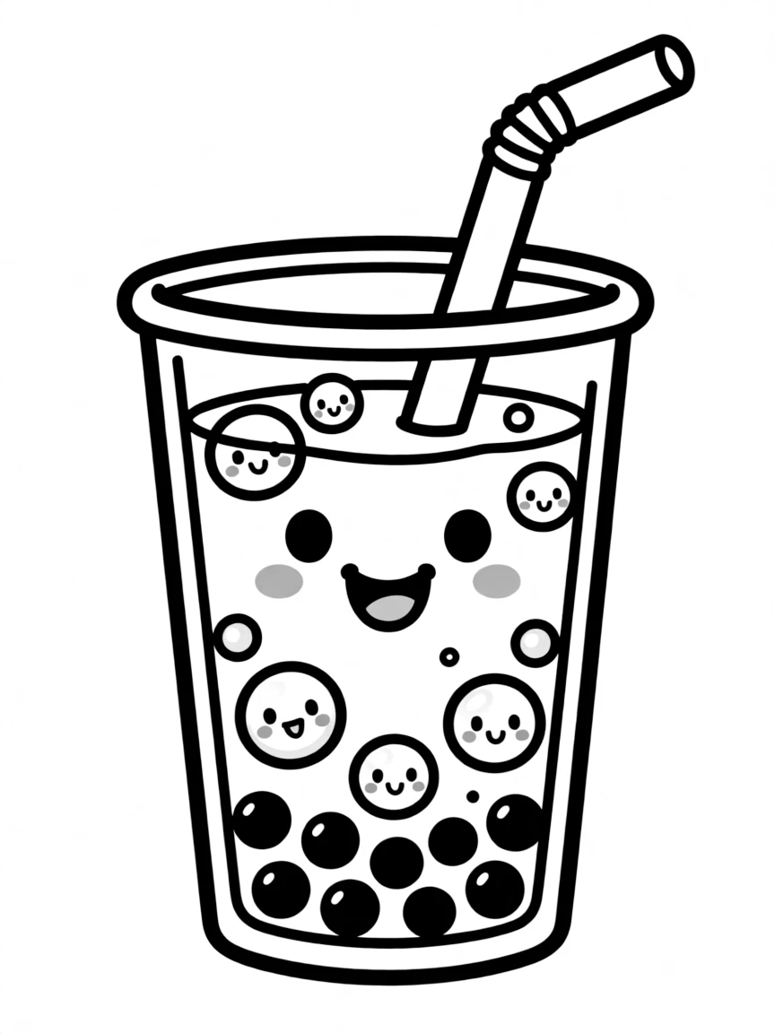 Boba tea with a happy face and kawaii bubbles floating inside
