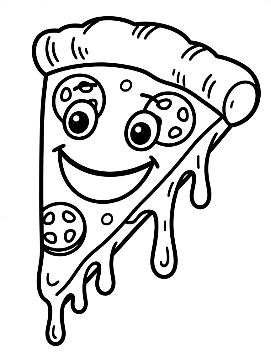 Pizza slice with pepperoni eyes and a cheese-drip smile