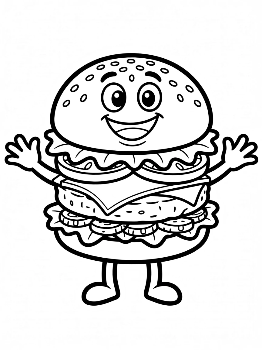 Happy hamburger with all the fixings and tiny arms