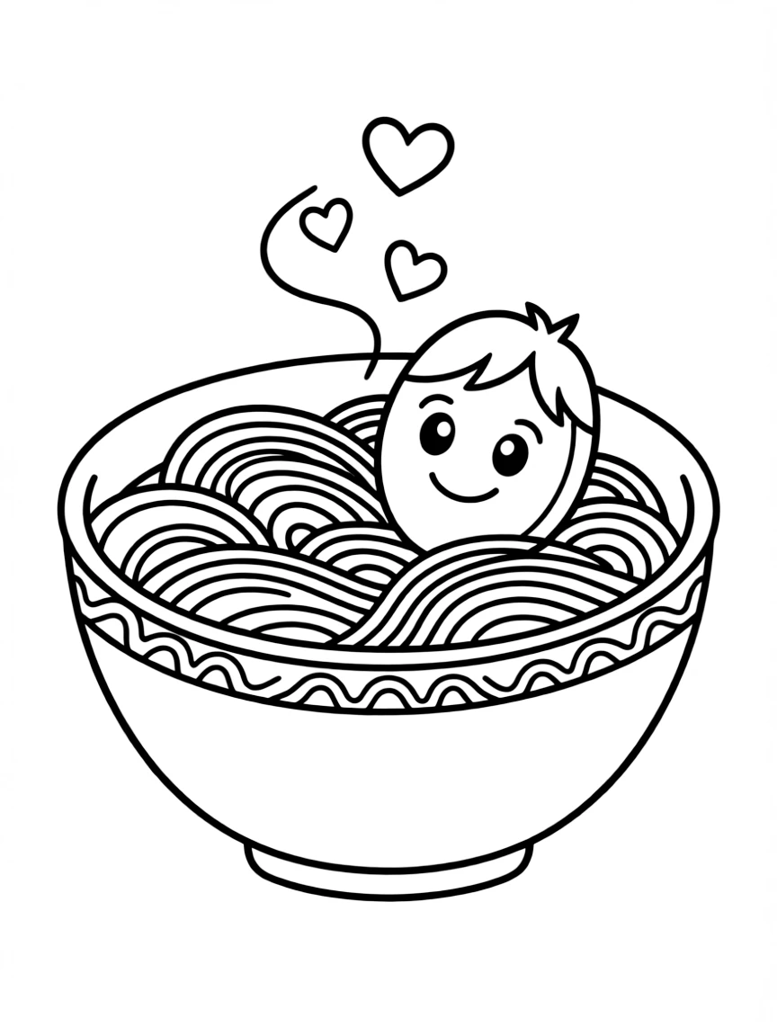 Ramen bowl with steam hearts and smiling egg topping