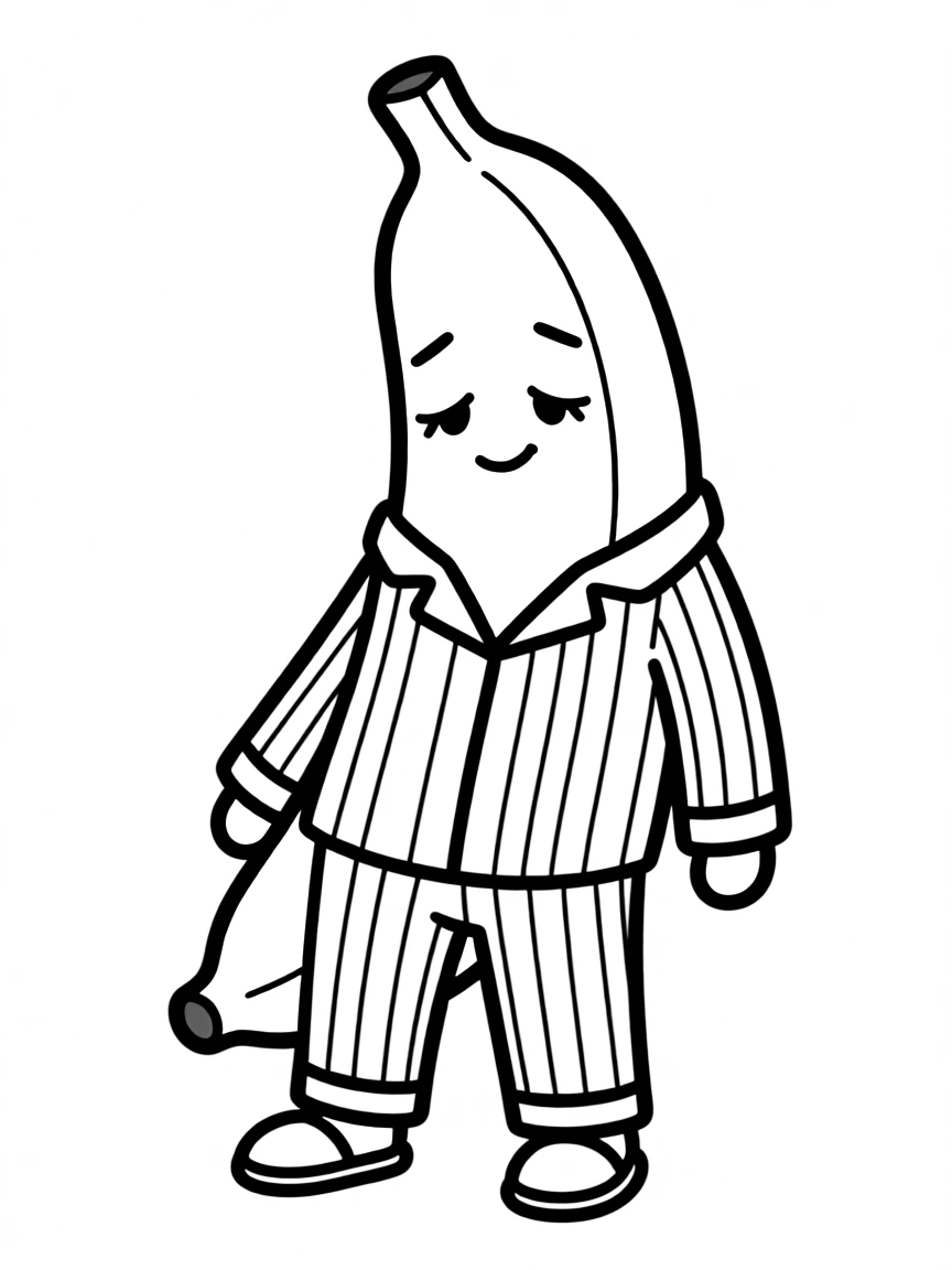 Banana in pajamas with a sleepy face and tiny slippers