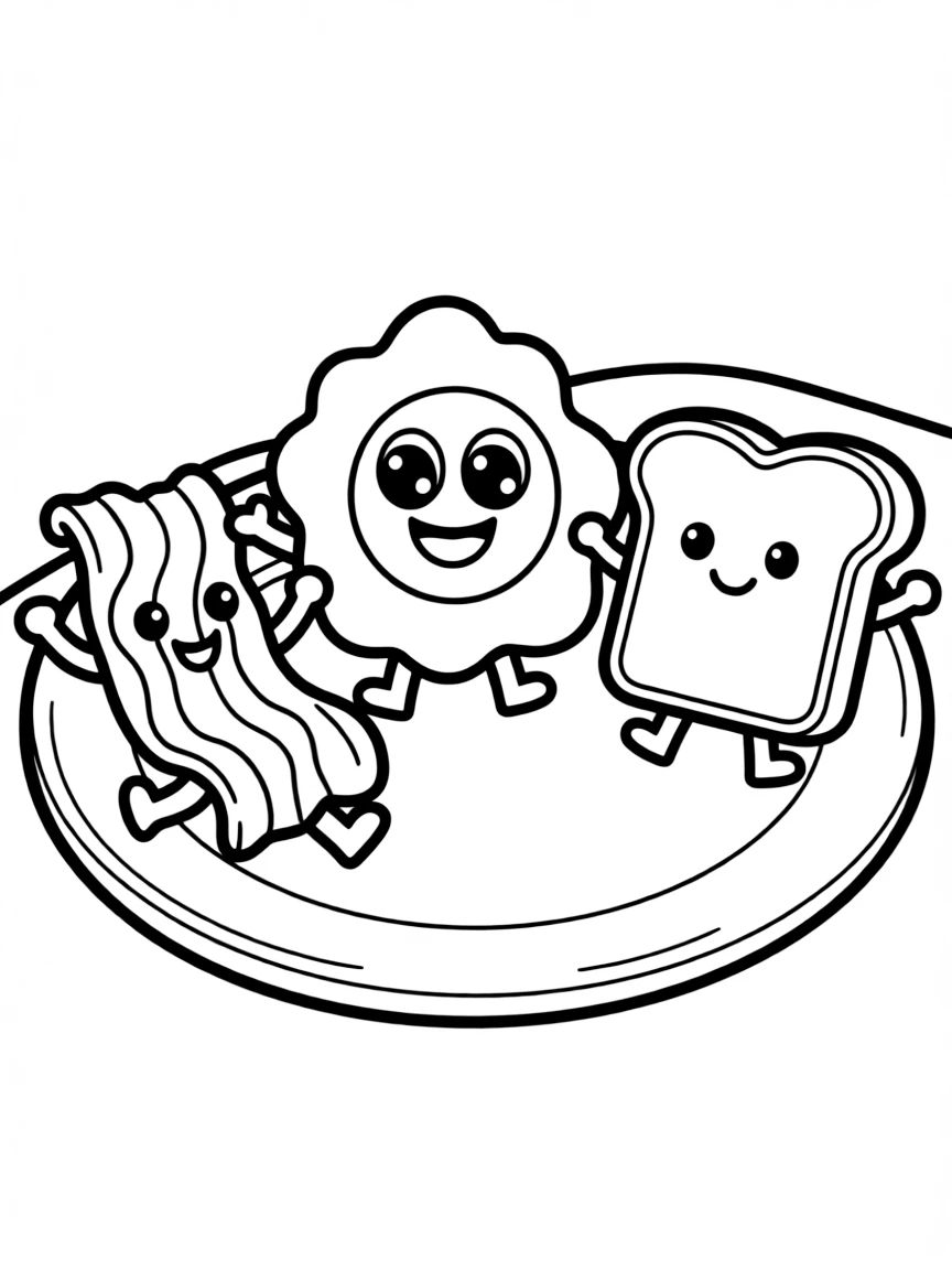 Kawaii breakfast plate with egg, bacon, and toast friends