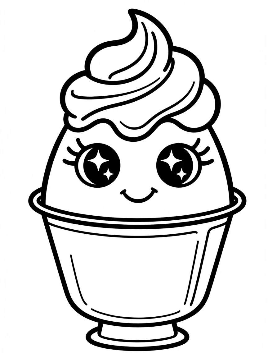 Pudding cup with a caramel swirl hairdo and sparkly eyes