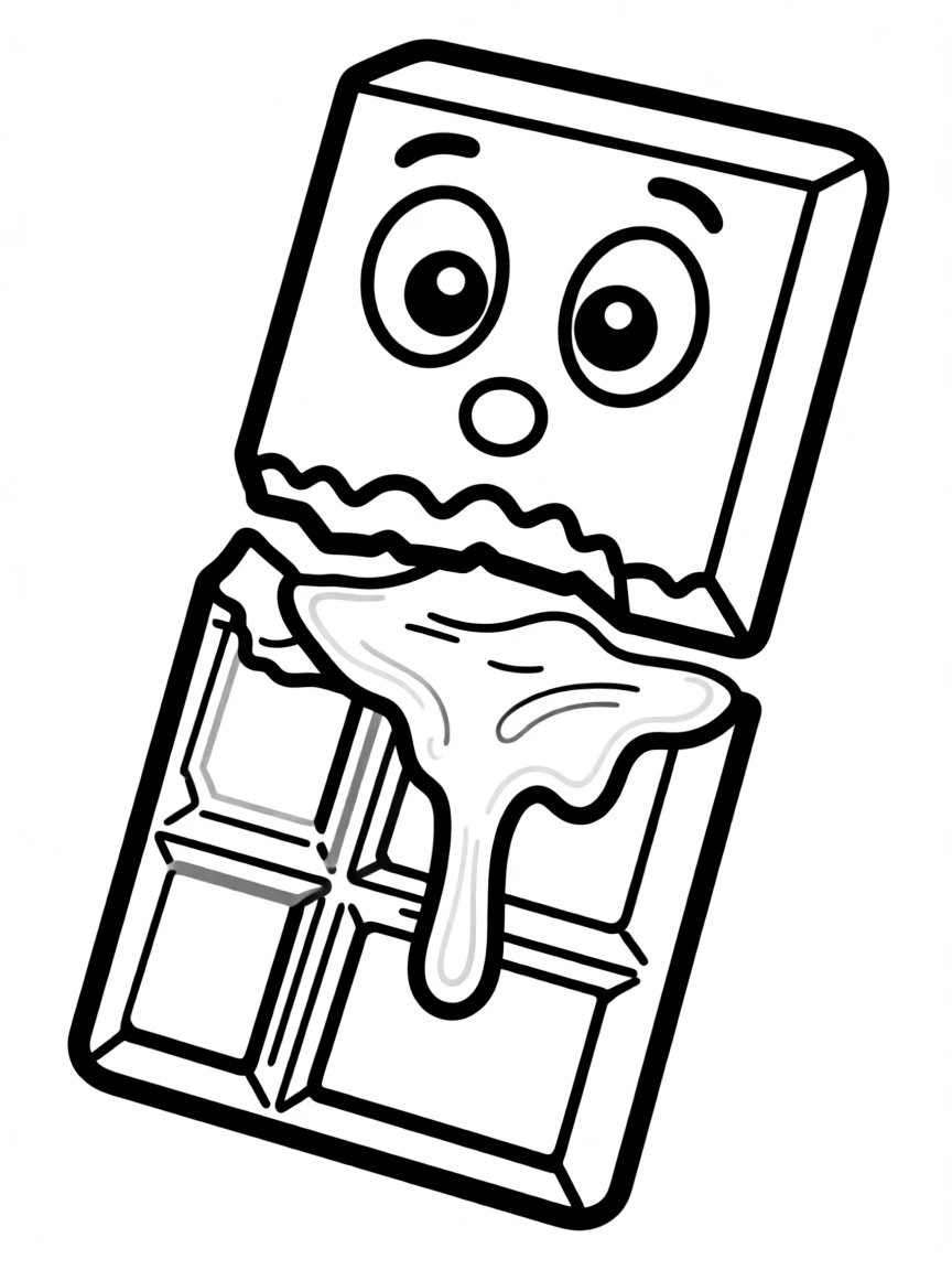 Chocolate bar broken to reveal a gooey center with a surprised face