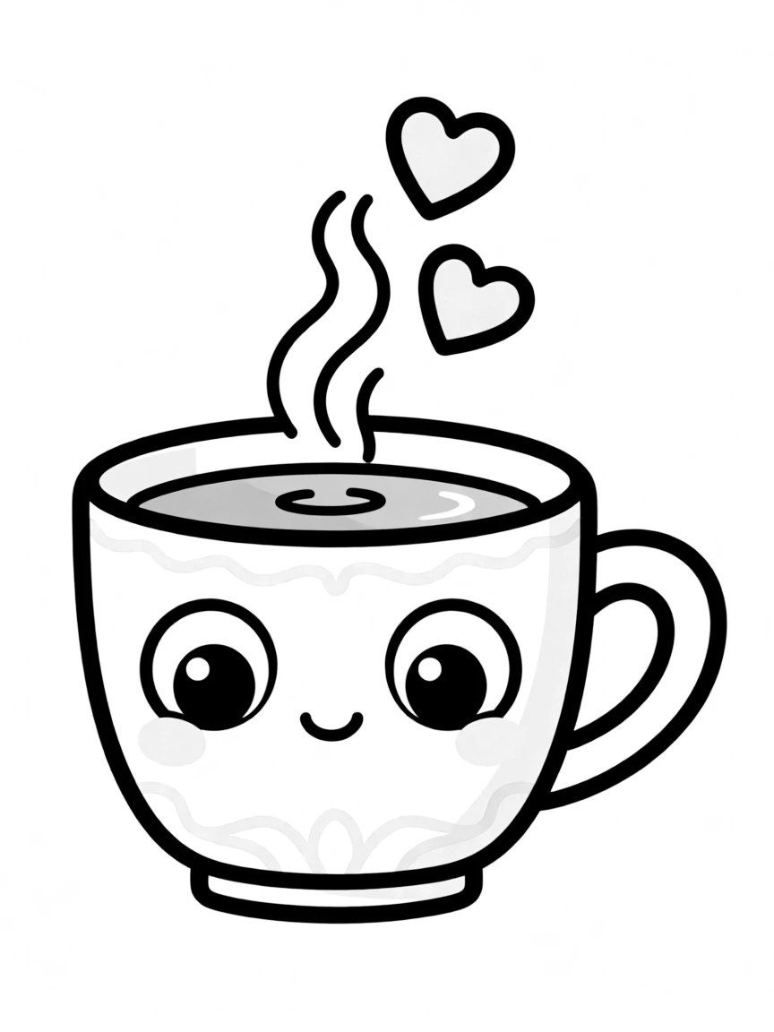 Kawaii coffee cup with steam hearts and a sleepy face