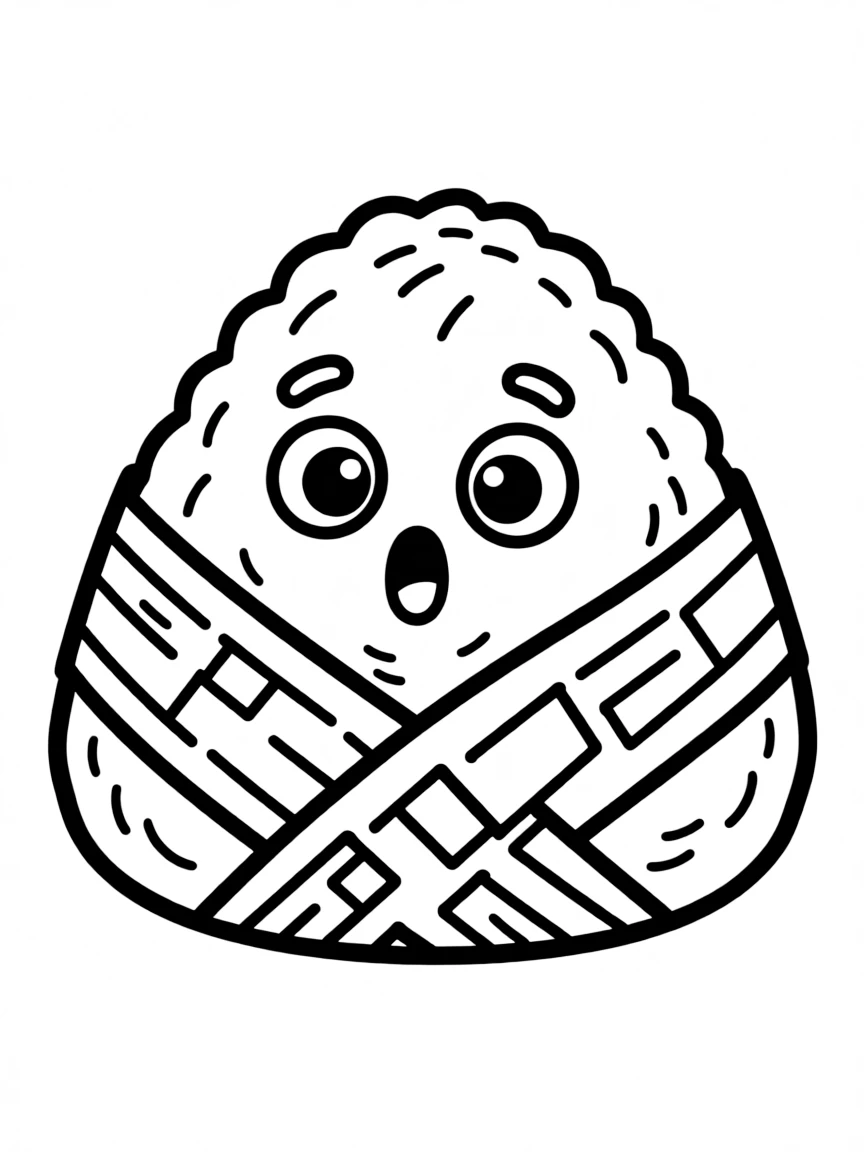 Rice ball with seaweed details and a cute surprised expression