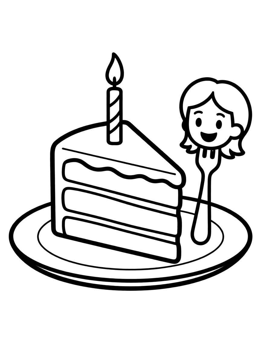 Cake slice on a plate with a fork friend and candle