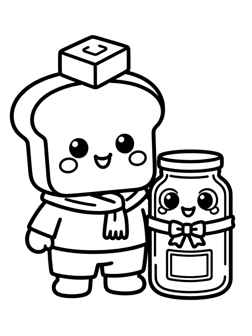 Kawaii bread loaf with butter pat hat and jam jar friend