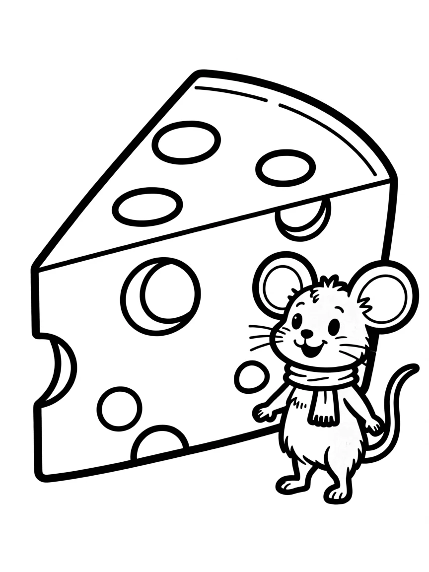 Cheerful cheese wedge with tiny mouse companion