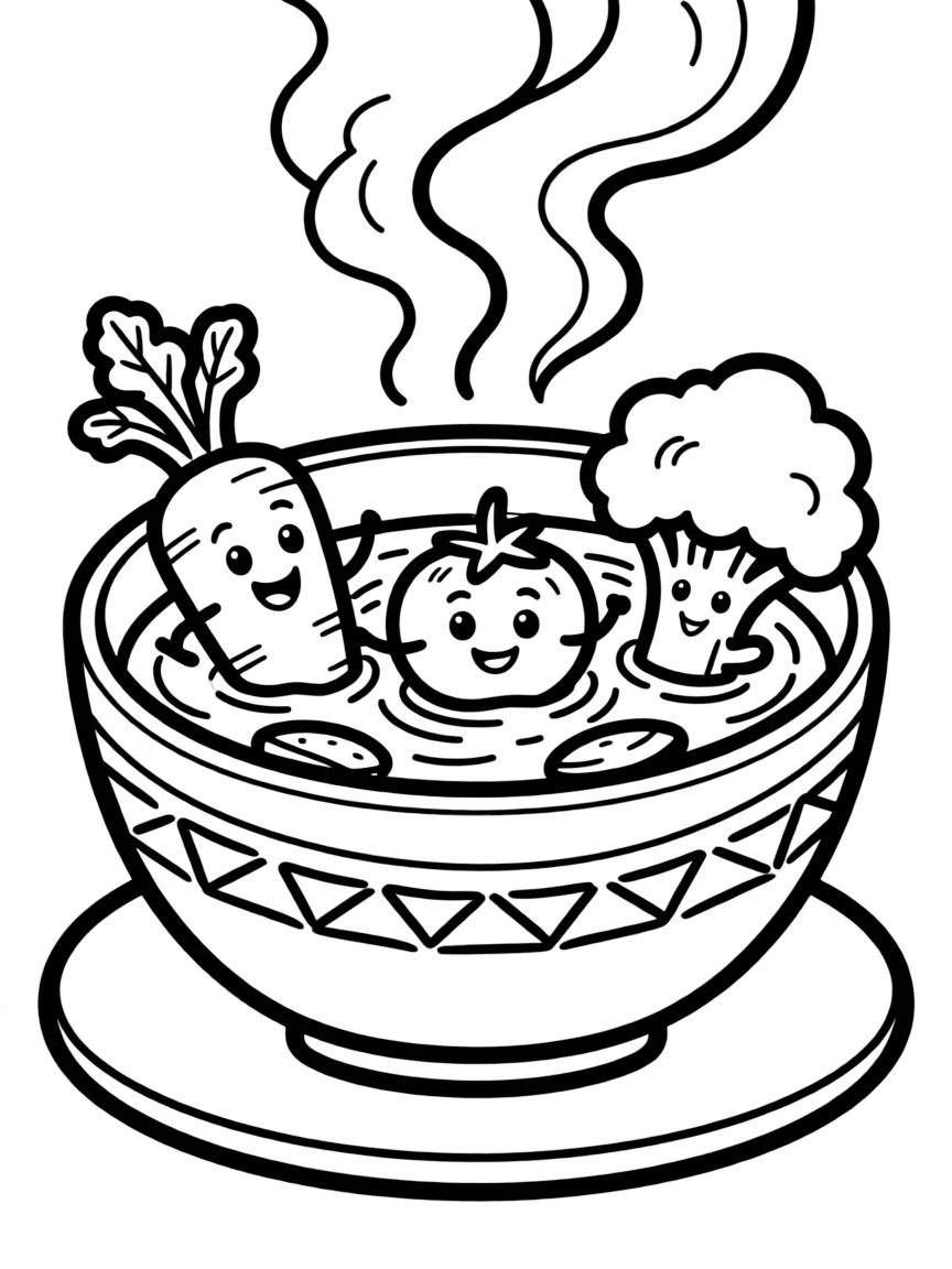 Steaming bowl of soup with vegetable friends floating inside