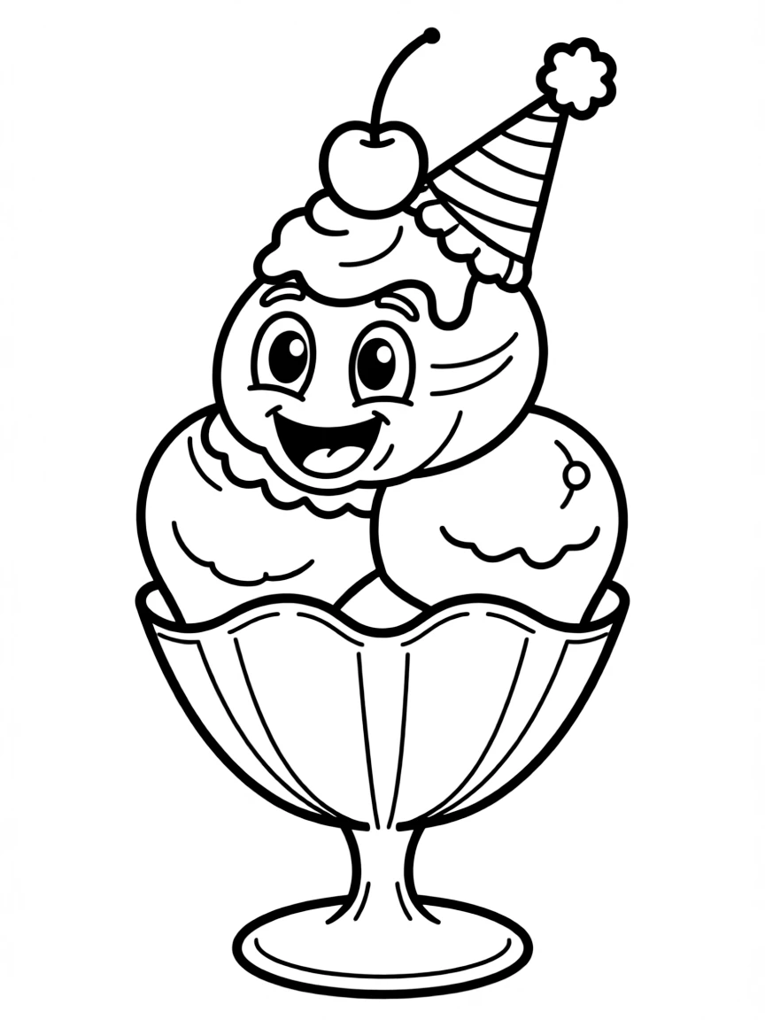 Ice cream sundae with cherry on top wearing a birthday hat