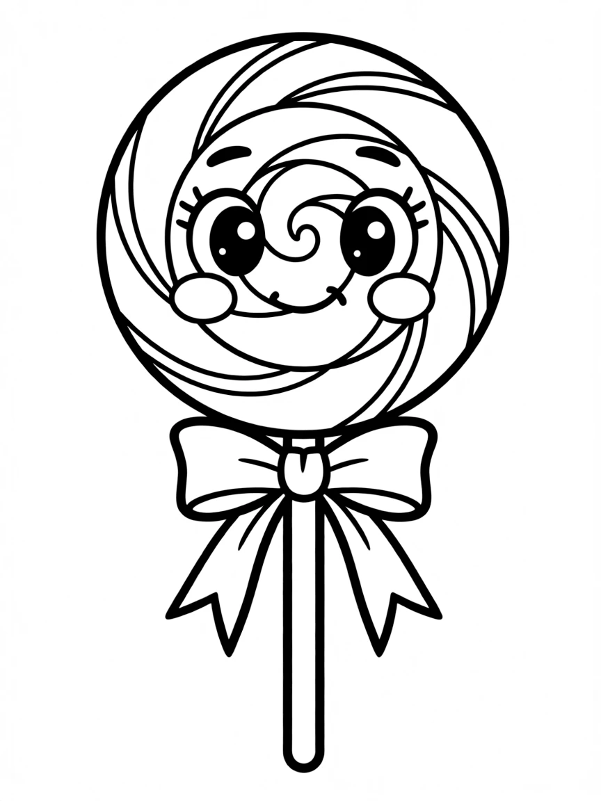 Bashful lollipop with swirl details and a stick bow