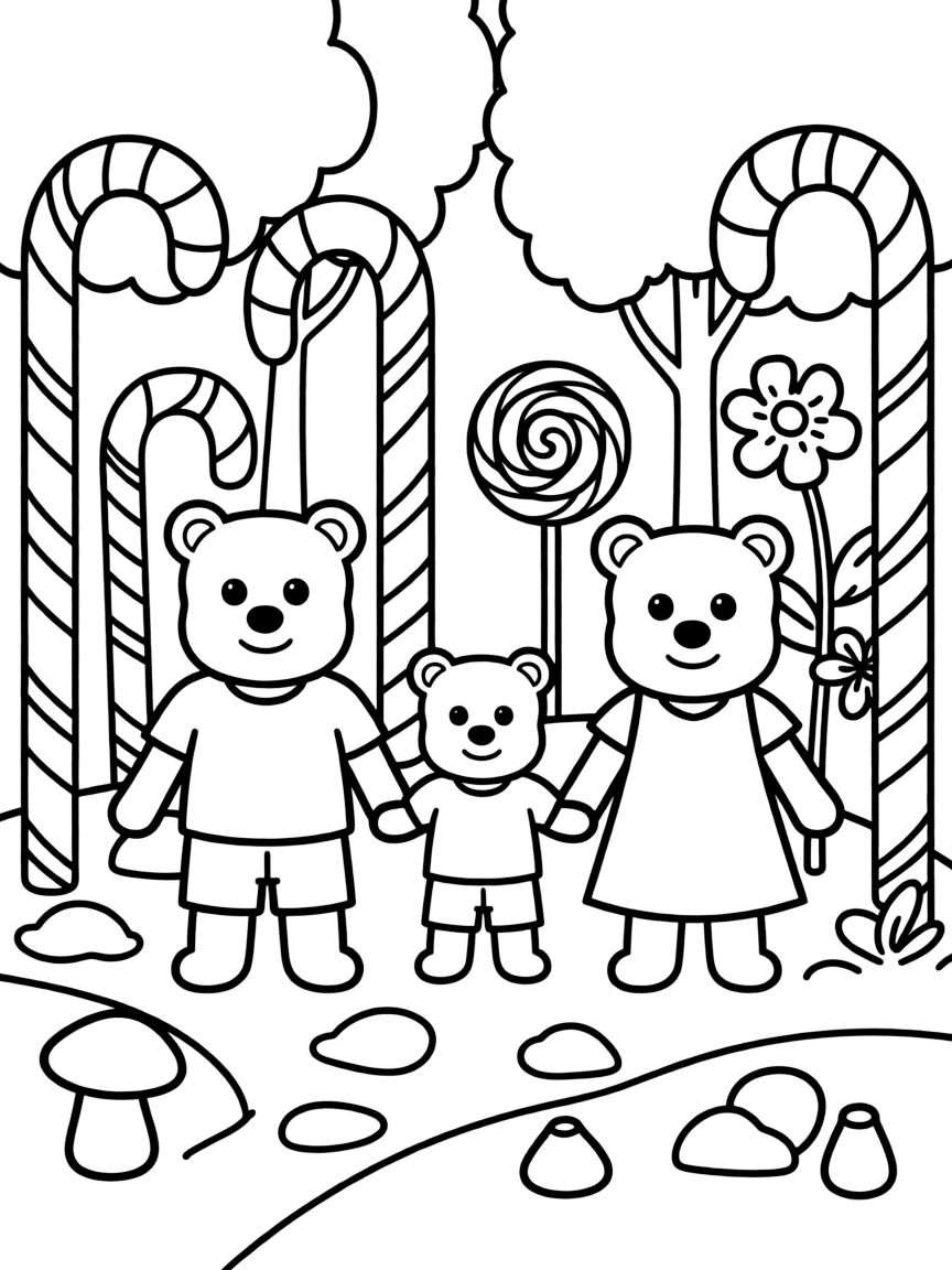 Gummy bear family holding hands in a candy forest