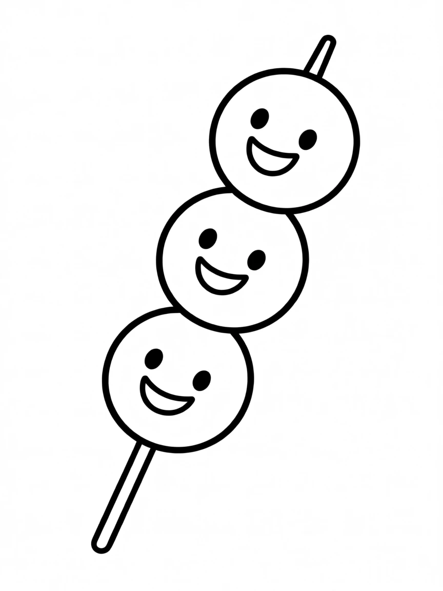 Dango skewer with different flavored balls and a smiling face