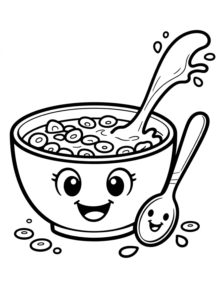 Cute bowl of cereal with milk splash and spoon companion