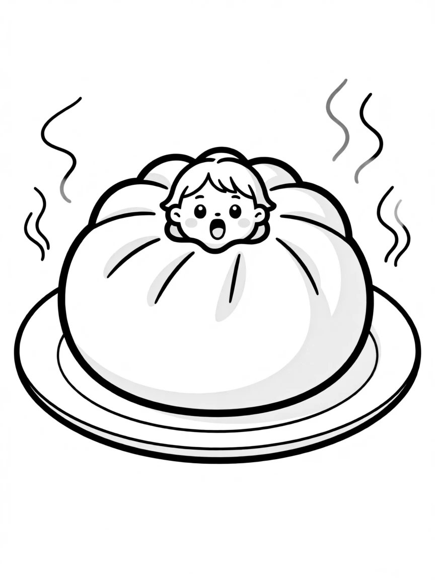 Steamed bun with a surprised face as filling peeks out