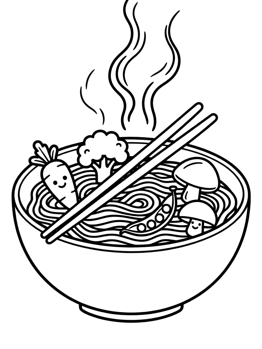 Noodle bowl with chopsticks and vegetable friends