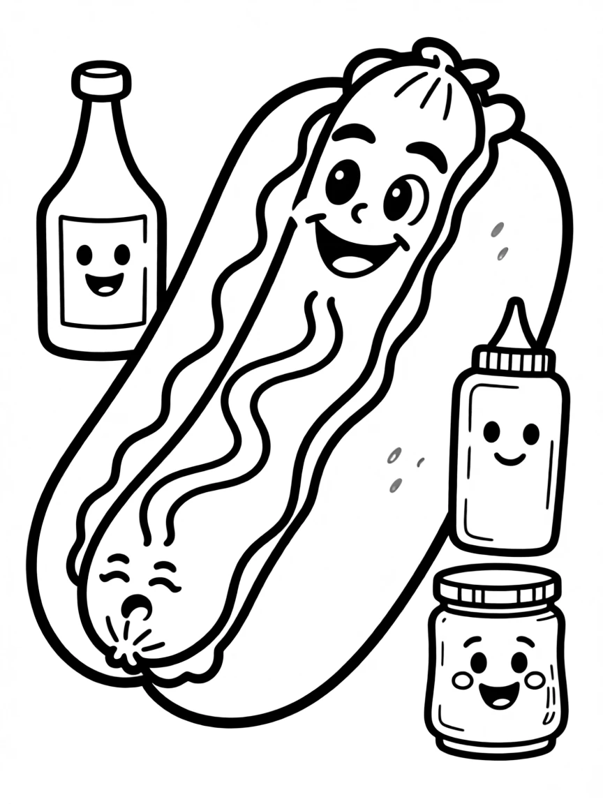 Happy hot dog in a bun with condiment friends