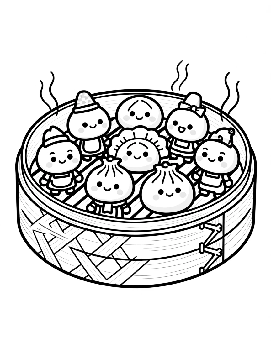 Dim sum basket with different dumpling characters